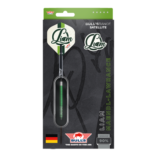 Bulls NL Liam Maendl Lawrance Steeldarts - 23g Das Bild zeigt die Verpackung der Bulls NL Liam Maendl Lawrance Steeldarts mit einem Gewicht von 23g. Das Design ist überwiegend schwarz und grün mit dem Namen „Liam“ und einer deutschen Flagge unten links.