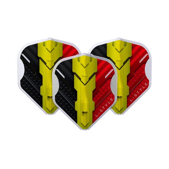 L-Style V-Series V1 Type C Belgium Clear White L1EZ Flights Das Bild zeigt drei Dart-Flights des Modells "L-Style V-Series V1 Type C Belgium Clear White L1EZ Flights". Die Flights sind in den Farben Schwarz, Gelb und Rot gestaltet und zeigen ein modernes Design.