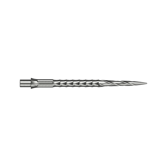 Caliburn System Steeldartspitzen - Spiro - NoLip - Silber Zwei silberne Steeldartspitzen im Spiro NoLip Design sind zu sehen. Sie sind 36 mm lang und liegen nebeneinander.