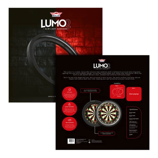 Bulls NL Lumo 2 Light Surround Beleuchtungssystem Das Bild zeigt das Produkt "Bulls NL Lumo 2 Light Surround Beleuchtungssystem" für Dartscheiben. Es kombiniert ein schlankes, rundes LED-Lichtsystem mit einem schützenden Surround für bessere Sicht und Schutz beim Dartspielen.
