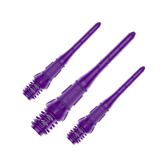 Premium Lippoints (30er Pack) - Spitzen Auf dem Bild sind drei lila Dartspitzen zu sehen. Sie sind aus Kunststoff und haben ein Schraubgewinde am Ende.