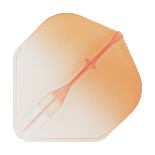 Das Bild zeigt ein transparentes Dartflight mit einem zweifarbigen Design in Orange und Weiß. Es hat eine abgerundete, fast quadratische Form mit einer deutlichen Mittelnaht.