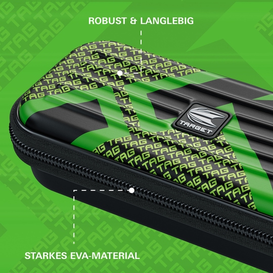 Das Bild zeigt ein robustes Dartcase von Target in grünem Design mit dem Schriftzug "TAG". Die Tasche besteht aus starkem EVA-Material und ist als langlebig beschrieben.