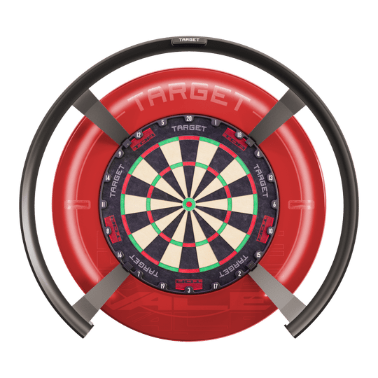 Das Bild zeigt das Produkt "Target OMNI Auto-Scoring-System", ein innovatives elektronisches System für Dartspiele. Es besteht aus einem Dartboard mit einem kreisförmigen automatischen Punktesystem und einer markanten roten Umrandung.