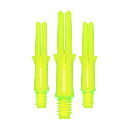L-Style L-Shafts Locked Straight - Neon Yellow 130 Das Bild zeigt drei neon-gelbe, gerade Dart-Schäfte mit Gewinde. Sie sind unterschiedlich lang und stehen nebeneinander aufrecht.