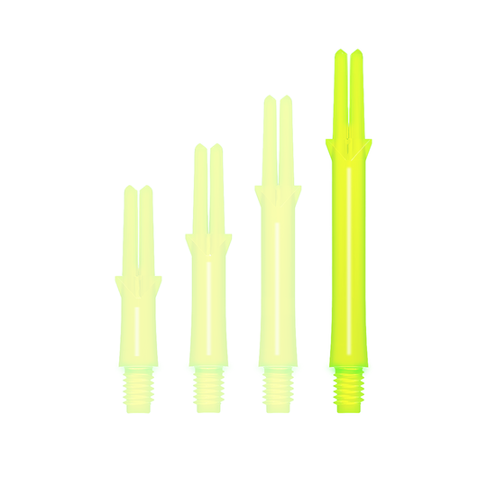 L-Style L-Shafts Locked Straight - Neon Yellow 330 Das Bild zeigt vier neon-gelbe Kunststoffschäfte für Darts in verschiedenen Längen. Sie stehen nebeneinander aufrecht, wobei jeder Schaft ein Schraubgewinde am unteren Ende hat.