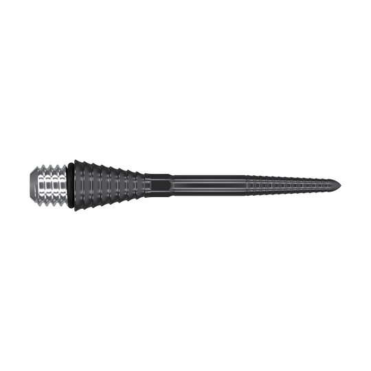 Das Bild zeigt eine schwarz-groovierte Dartspitze mit Metallgewinde. Sie ist lang und schmal mit mehreren Rillen entlang der Spitze.