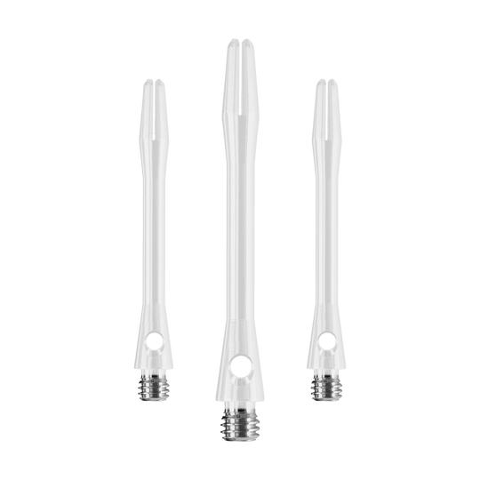 HR373_Harrows_Keramic_Shafts_Weiss_41mm_1GMWRDnji9eW1E Das Bild zeigt drei weiße Harrows Keramic Shafts für Dartpfeile. Sie sind aus robustem Material gefertigt und haben einen Metall-Gewindeanschluss.