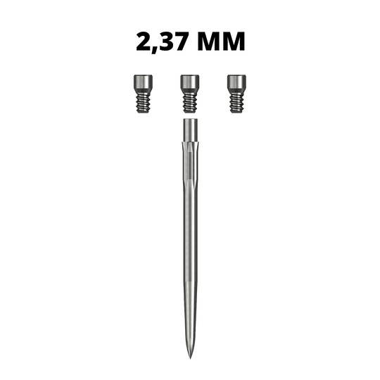 Caliburn System Spigots Das Bild zeigt Steeldartspitzen aus dem Caliburn Evo System mit einer Länge von 23,7 mm. Die Dartspitzen sind metallisch und eignen sich für präzises Dartspiel.
