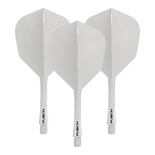 Zu sehen ist das Winmau Fusion Flight Shaft System No6 in Weiß, 28mm, als Set. Das Produkt wird wahrscheinlich für Dartpfeile verwendet.