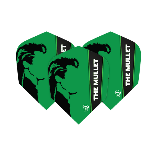 Das Bild zeigt drei grüne Dart-Flights mit einer schwarzen Silhouette eines Kopfes mit Mullet-Frisur. Auf jedem Flight steht in Weiß „THE MULLET“.