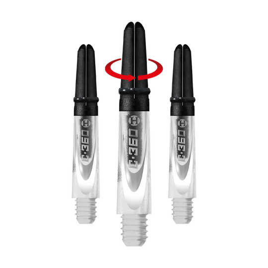 HR446_Harrows_Carbon_360_Shafts_Clear_35mm_1-_Symbol Auf dem Bild sind drei transparente Dartschäfte mit schwarzem oberen Teil zu sehen. In der Mitte zeigt ein roter Pfeil, dass sich das obere Stück drehen lässt.