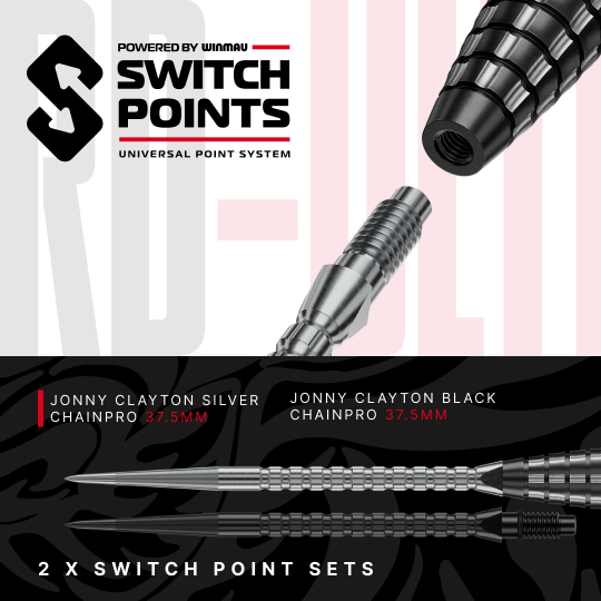 Red Dragon Jonny Clayton RD-ULTRA Switch Point Steeldarts - 22g Die Abbildung zeigt die Red Dragon Jonny Clayton RD-ULTRA Switch Point Steeldarts mit 22 Gramm. Die Darts liegen nebeneinander und sind gut sichtbar.