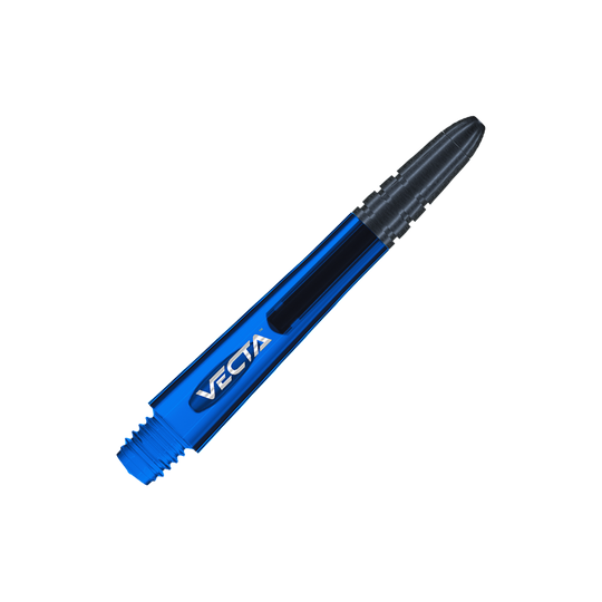 Das Bild zeigt einen blauen Winmau Vecta Shaft für Darts. Im Hintergrund sind blaue und graue Linien zu sehen.