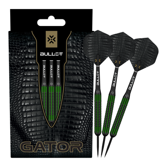 Bullet Gator Brass Steeldarts - 22g Zu sehen sind die Bullet Gator Brass Steeldarts - 22g in voller Ansicht. Sie sind aus Messing gefertigt und wiegen 22 Gramm.