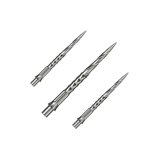 Caliburn System Steeldartspitzen - Spiro - NoLip - Silber Ein Set silberner Steeldartspitzen ist auf dem Bild zu sehen. Die Spitzen sind im Spiro NoLip Stil und 30 mm lang.