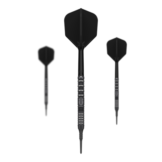 Target Japan Black Marque Draco GEN2 Softdarts - 20g Das Bild zeigt drei schwarze Softdarts mit unterschiedlich großen Flights. In der Mitte befindet sich der Target Japan Black Marque Draco GEN2 Softdart mit einem Gewicht von 20g.