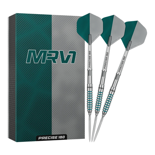 Precise 180 MRV1 Steeldarts Hier sieht man die Precise 180 MRV1 Steeldarts - 23g in voller Länge. Sie sind ideal für genaue Würfe im Dartspiel.