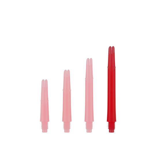 L-Style L-Shafts Locked Straight - Red 330 Das Bild zeigt vier rote, gerade Dart-Schäfte in unterschiedlichen Längen. Sie sind aufrecht und nebeneinander aufgereiht, ohne Kappen.