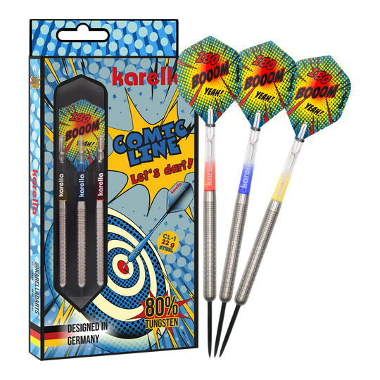 Karella Comic Line CL-1 Steeldarts - 22g Das Bild zeigt den Karella Comic Line CL-1 Steeldarts - 22g. Es veranschaulicht die vollständige Ansicht des Steeldartpfeils.