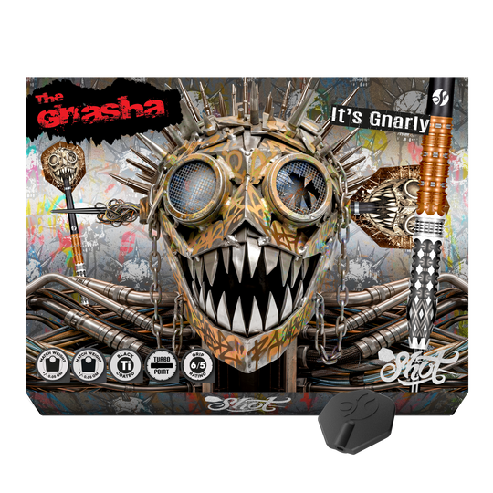 Shot Gnarly Gnasha Turbo Point Steeldarts - 23g Zu sehen ist ein weiterer Blickwinkel auf die Shot Gnarly Gnasha Turbo Point Steeldarts mit 23g. Die Darts bieten einen guten Halt und eine optimale Balance.