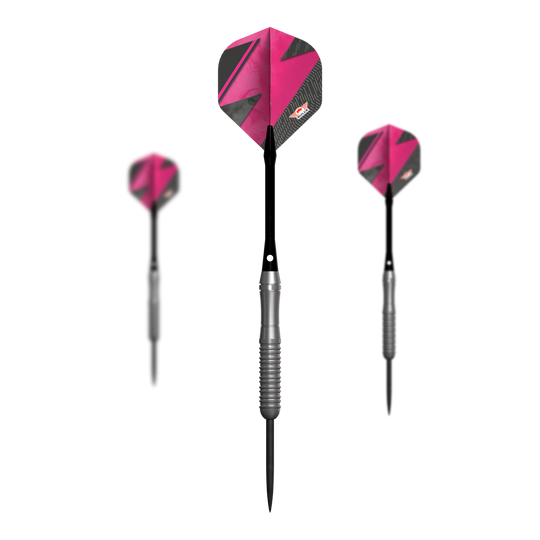 Bulls NL Lightning Pink Steeldarts Das Bild zeigt drei Steeldarts mit silbernem Griff und pink-schwarzen Flights. Es handelt sich um das Produkt "Bulls NL Lightning Pink Steeldarts".