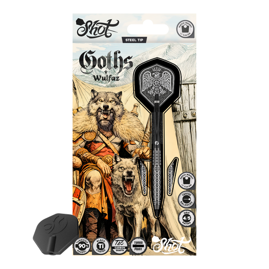 Shot Goths Wulfaz Turbo Point Steeldarts - 23g Das Bild zeigt die Shot Goths Wulfaz Turbo Point Steeldarts mit 23 Gramm. Diese Pfeile sind für das Steeldartspiel konzipiert.