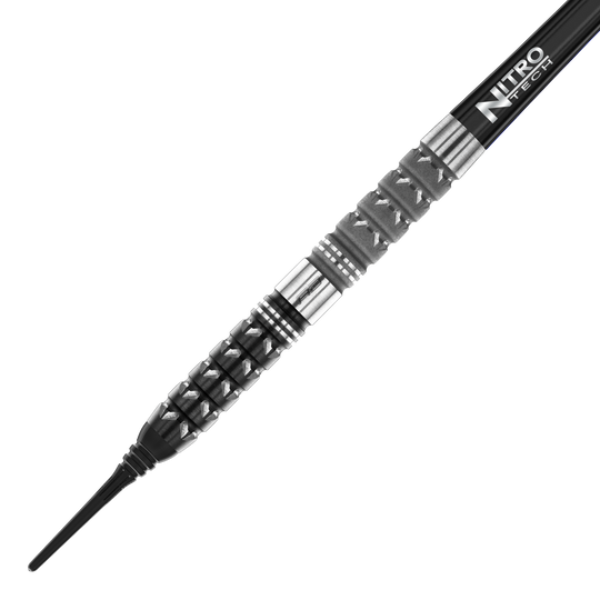Red Dragon Paradym Tapered Softdarts - 20g Das Bild zeigt den Red Dragon Paradym Tapered Softdart mit einem Gewicht von 20g. Der Dart hat ein markantes, silber-schwarzes Design mit spezieller Griffstruktur und der Aufschrift "Nitro Tech" am Schaft.