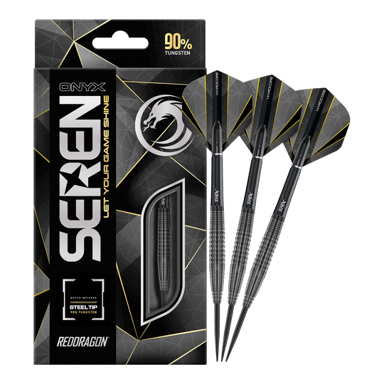Red Dragon Seren 4 Onyx Steeldarts Das Bild zeigt die Verpackung und drei Steeldarts des Produkts "Red Dragon Seren 4 Onyx". Die Darts bestehen zu 90% aus Wolfram und haben ein modernes, schwarzes Design.