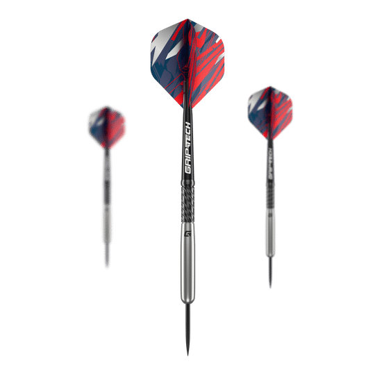 GOAT Homerun Baseball Tungsten Steeldarts Das Bild zeigt drei GOAT Homerun Baseball Tungsten Steeldarts mit silbernem Schaft und bunten, rot-blauen Flights. Die Darts sind modern gestaltet und heben sich durch das auffällige Design ab.