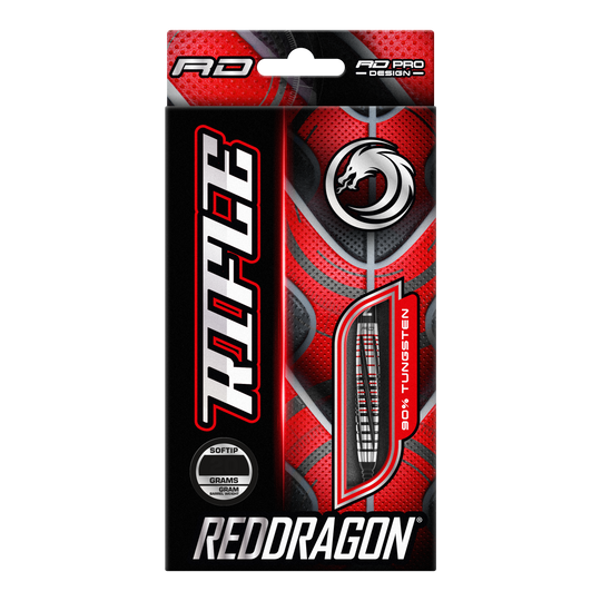 Red Dragon Rifle Softdarts - 20g Die Abbildung zeigt die Verpackung der "Red Dragon Rifle Softdarts - 20g". Das Design ist auffällig in Rot und Schwarz gehalten und zeigt eine Abbildung eines Dartpfeils.