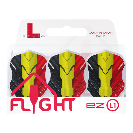 Das Bild zeigt eine Packung mit drei L-Style V-Series V1 Type C Belgium Clear White L1EZ Flights. Die Flights sind in den Farben Schwarz, Gelb und Rot gestaltet und werden in einer Verpackung mit der Aufschrift "Made in Japan" präsentiert.