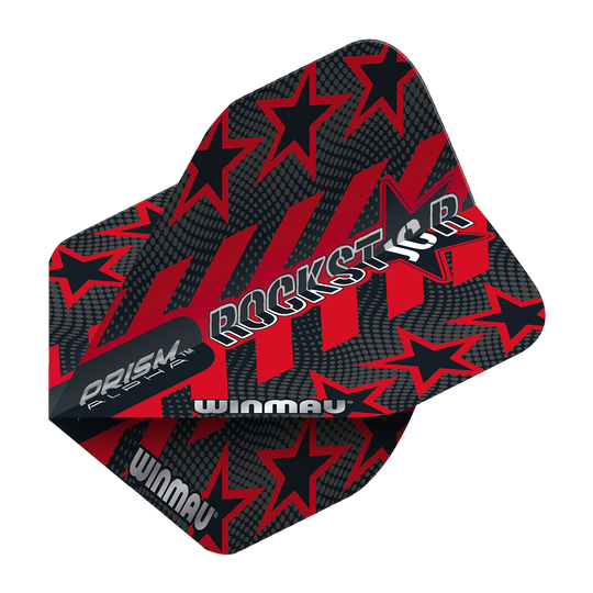 Das Bild zeigt die Dartflights "Winmau Prism Alpha Joe Cullen Standard Flights". Das Design ist schwarz-rot mit auffälligen Sternen und dem Schriftzug "ROCKSTAR".
