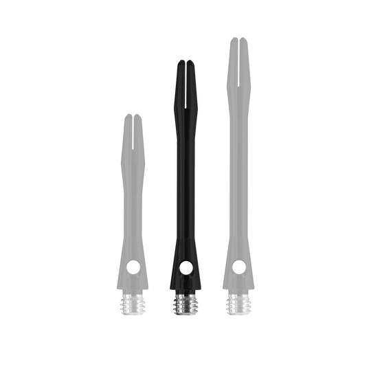 HR367_Harrows_Keramic_Shafts_Schwarz_41mm_1 Das Bild zeigt drei schwarze Harrows Keramic Shafts in mattem Finish. Sie sind in unterschiedlichen Längen angeordnet und haben ein silbernes Gewinde am unteren Ende.