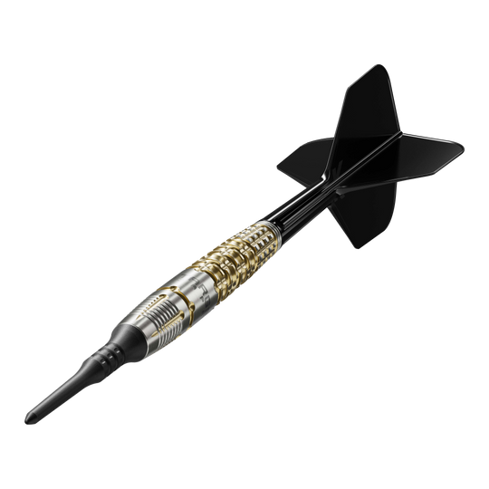 Target Japan Black Marque Warrior Softdarts - 18,5g Dies ist der Target Japan Black Marque Warrior Softdart mit einem Gewicht von 18,5 Gramm. Er besitzt ein elegantes Design mit goldenen und silbernen Akzenten sowie schwarzen Flights.