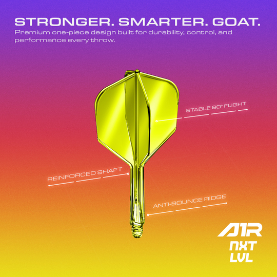 GOAT A1R No6 Flight-Shaft-System - Neon Gelb Das Bild zeigt das GOAT A1R No6 Flight-Shaft-System in Neon Gelb aus einer anderen Perspektive. Das Produkt ist für Dartspieler geeignet.