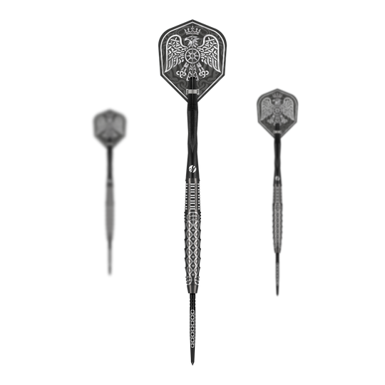 Shot Goths Wulfaz Turbo Point Steeldarts - 23g Das Bild zeigt das Shot Goths Wulfaz Turbo Point Steeldarts - 23g Set. Alle Teile des Dart Sets sind deutlich zu erkennen.