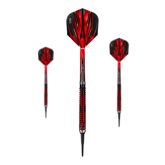 Harrows Fire Inferno Softdarts Das Bild zeigt drei Harrows Fire Inferno Softdarts mit auffälligem rot-schwarzem Design. Die Darts haben spitze Kunststoffspitzen und strukturierte Griffe.