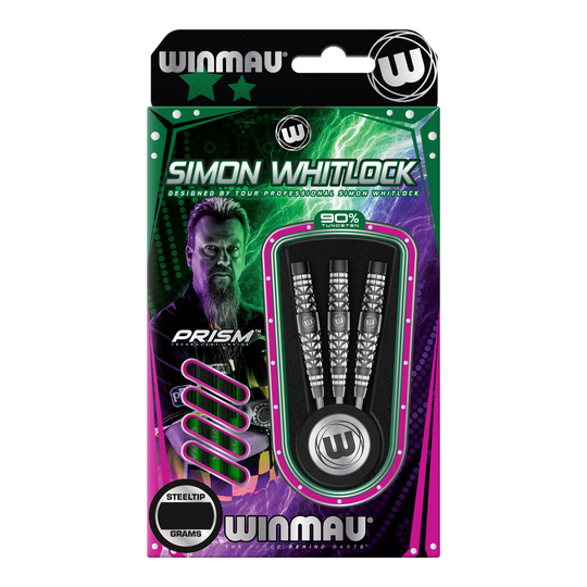 Auf dem Bild ist eine Verpackung der "Winmau Simon Whitlock Atomised Grip Steeldarts" zu sehen. Die Verpackung zeigt die drei Steeldarts sowie ein Bild von Simon Whitlock und hebt das 90% Tungsten-Material hervor.