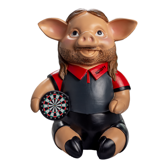Sport1 Headbanger Phrasenschwein Das Bild zeigt eine lustige Figur eines Schweins mit Bart und langen Haaren, das ein Dartboard in der Hand hält. Es trägt ein Sport1-Shirt und heißt "Headbanger Phrasenschwein".