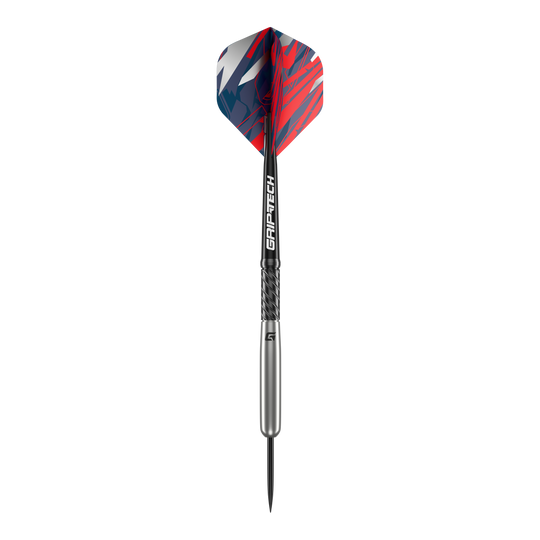 GOAT Homerun Baseball Tungsten Steeldarts Das Bild zeigt den GOAT Homerun Baseball Tungsten Steeldart. Der Dart hat auffällige Flights in Rot, Blau und Weiß sowie einen silbernen Schaft mit der Aufschrift "GRIP-TECH".