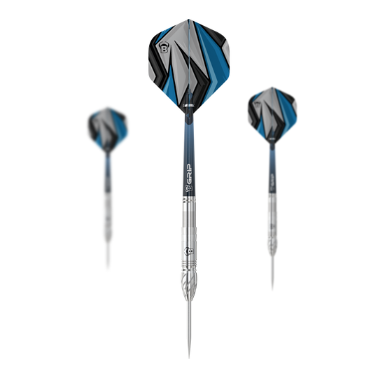 Bulls Stone S1 Steeldarts Das Bild zeigt drei Steeldarts des Modells "Bulls Stone S1". Die Darts haben silberne Spitzen und Schäfte mit blau-grau-schwarzen Flights.