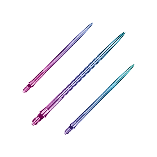 Auf dem Bild sieht man ein Set Caliburn EZ-EVO Dartspitzen mit grooved Rainbow-Optik, 45 mm lang. Die Spitzen zeichnen sich durch ein buntes, geriffeltes Muster aus.