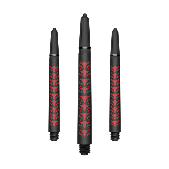 Bulls NL Capo Carbon Shafts - Rot Auf dem Bild ist ein Set aus roten Medium Carbon Shafts für Darts zu sehen. Die Schäfte bestehen aus Kohlefaser und sind ca. 46 mm lang.