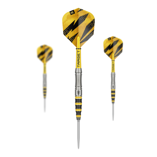 Abgebildet ist das Target Buzz 03 Swiss Points Steeldarts Set. Die Darts sind für das Steeldart-Spiel geeignet.
