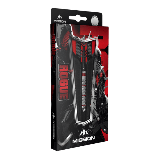 Mission Rogue Brass Steeldarts - 22g Die Abbildung zeigt die Verpackung der "Mission Rogue Brass Steeldarts - 22g". Die Verpackung ist überwiegend schwarz und rot gestaltet und zeigt den Dartpfeil sowie das Rogue-Logo deutlich.