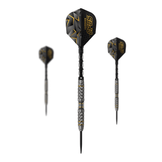 Harrows Opus Steeldarts Das Bild zeigt drei Steeldarts der Marke Harrows Opus. Die Darts haben ein schwarz-gelbes Design mit auffälligen Griffringen am Barrel.