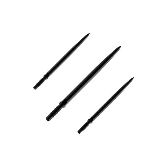 Bulls NL Convertible Point Dartspitzen - Smooth - Schwarz Das Bild zeigt einen Artikel mit dem Namen BU57700_BullsNL_Convertible_Points_Smooth_Schwarz_32mm_1Set. Es handelt sich vermutlich um einen Satz schwarzer, glatter Dartspitzen mit einer Länge von 32 mm.