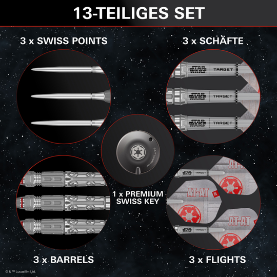Target Star Wars AT-AT Swiss Point Steeldarts Auf dem Bild sieht man die Target Star Wars AT-AT Swiss Point Steeldarts. Sie sind von den bekannten AT-AT-Maschinen aus Star Wars inspiriert.