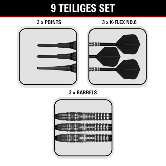 Gezeigt werden die Target Black Marque Blaze Softdarts mit 18g Gewicht. Diese Softdarts sind für ambitionierte Spieler entworfen.
